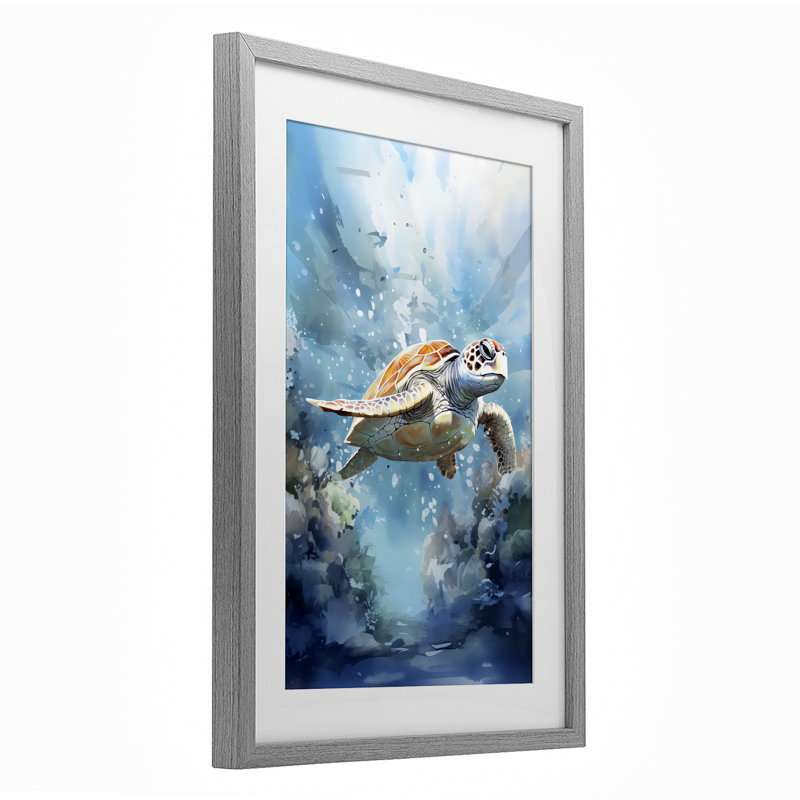 «Ocean Waves Turtle», reproduction sous verre encadrée par LSR Design Studio, H 20 po x l 14 po, Cadre de ferme gris
