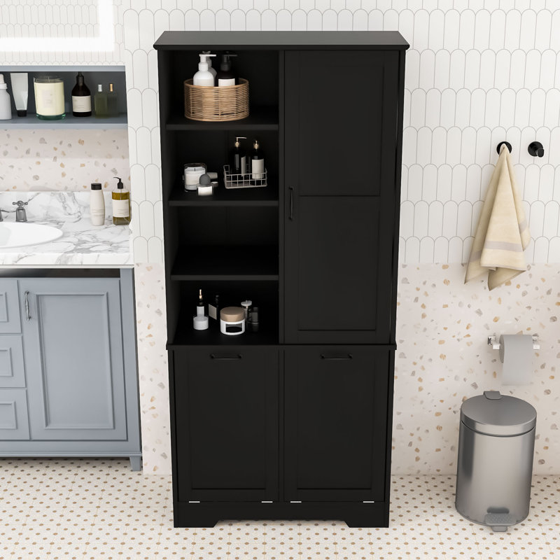 Élégante armoire de rangement pour salle de bain avec paniers à linge inclinables, tablettes réglables et anti-basculement