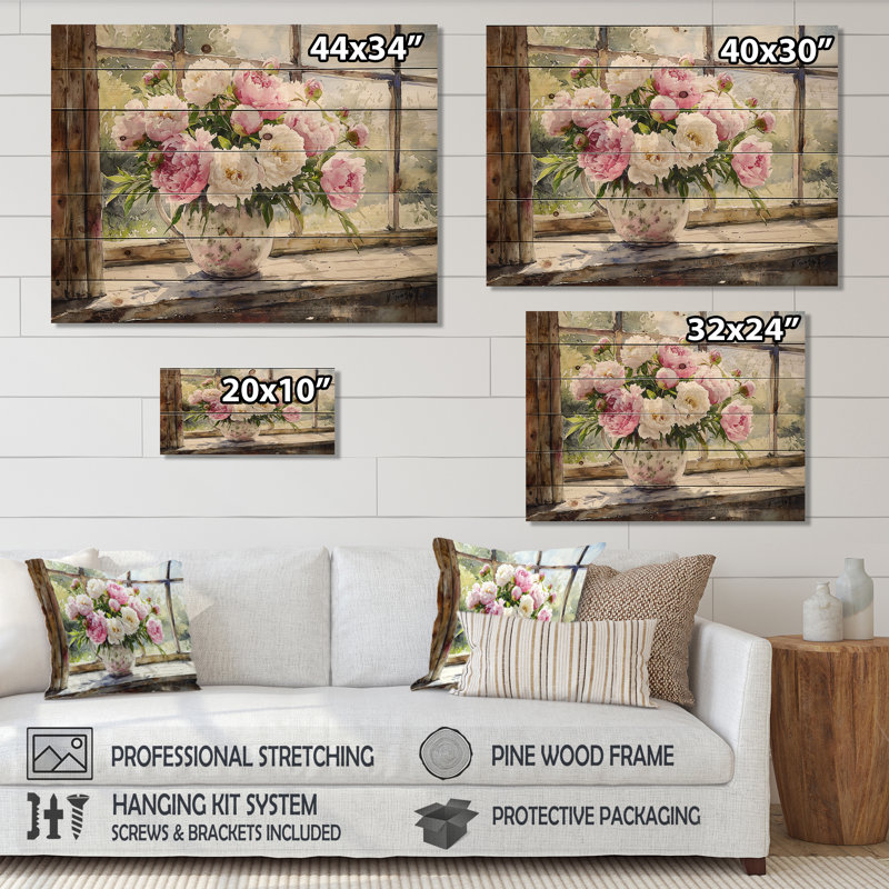 Bouquet de pivoines rustiques et romantiques II - décorations murales en bois de pivoines - sur bois de pin naturel