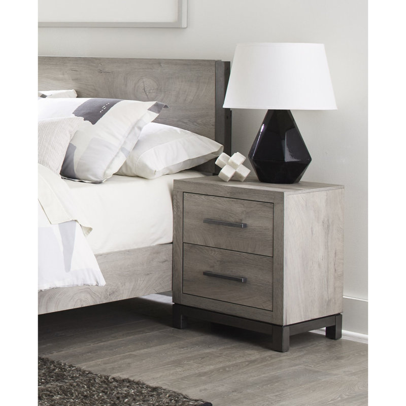 Table de chevet avec 2 tiroirs pour la chambre à coucher - Gris et accents métalliques Quincaillerie de bar en bois d'ingénierie 2 po