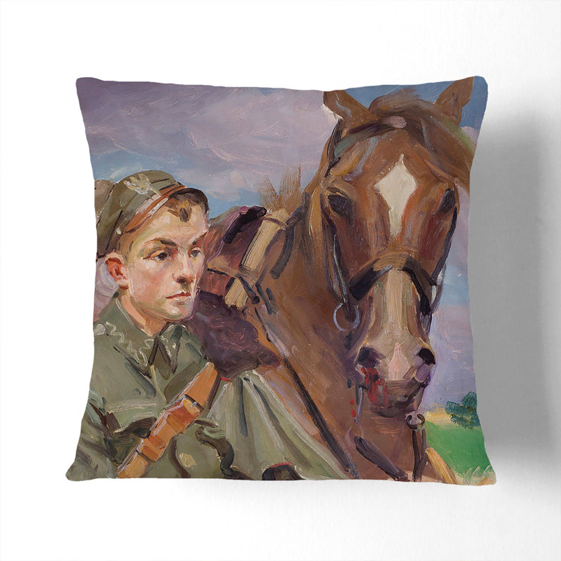 A Soldier With A Horse Square Throw Cushion, Black, 40cm W x 40cm D x 15cm D