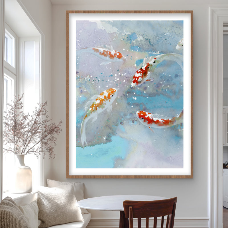 Koi poisson nageant dans l'eau bleue - impression encadrée asiatique, H 48 po x l 36 po, Brun