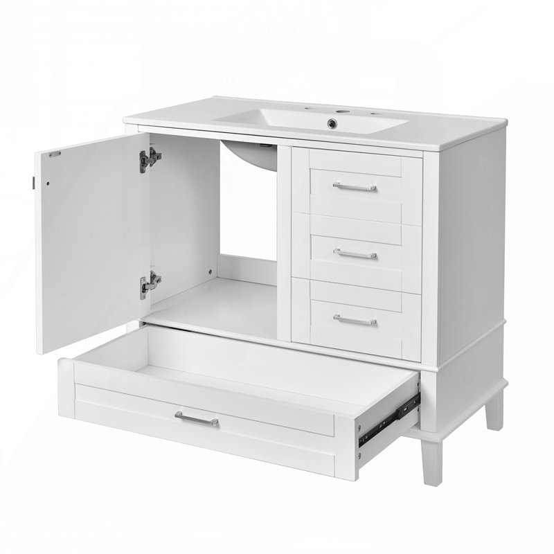 36" Bathroom Vanity with Solid Pine Frame, 1 Soft Close Door and 3 Drawers , Modern Storage Cabinet, Wihite