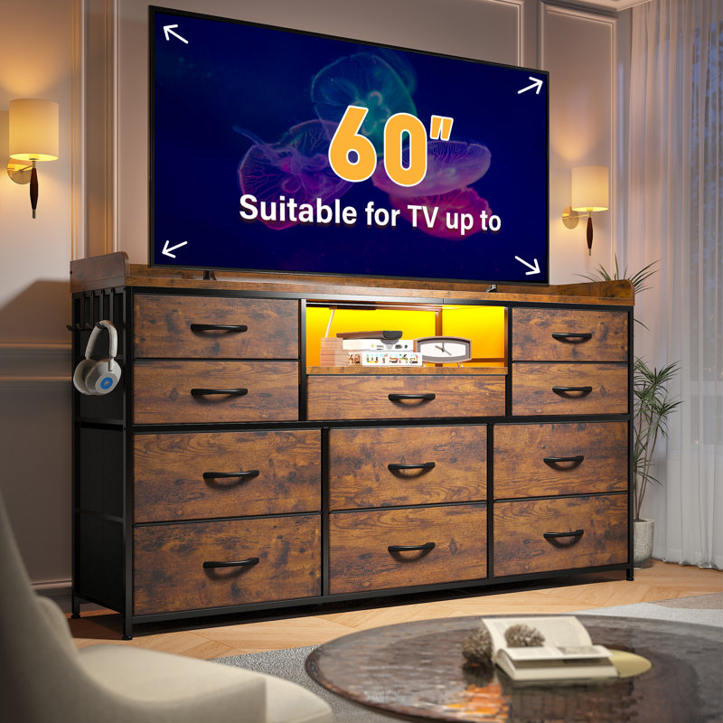 11-Drawer Dresser TV Stand with LED Lights & Power Outlets - Bedroom Media Console, Fabric Drawers & Hooks, Brown