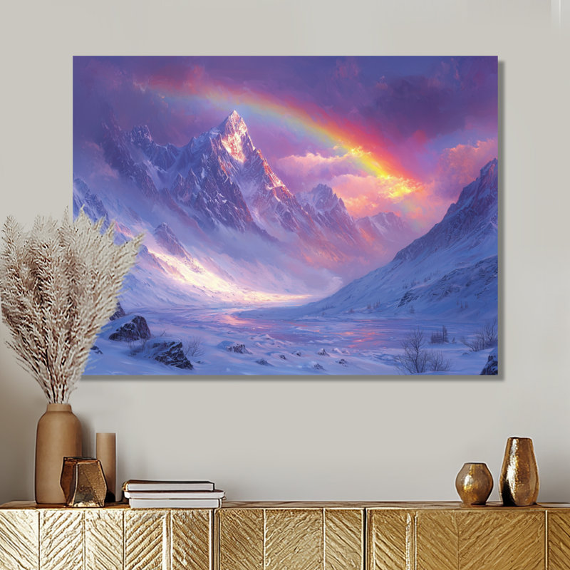 Arc-en-ciel et les montagnes enneigées III - art mural arc-en-ciel, H 12 po x l 20 po, Toile tendue