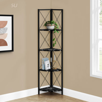 Contemporary 4-Tier Corner Etagere Bookcase With Marble Look Laminate And Metal Frame, Ideal For Office And Bedroom