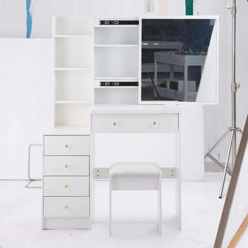 Meuble-lavabo de 37 po avec tabouret de chevet de taille moyenne 37 po + tabouret rembourré, très grand miroir coulissant à droite, rangement multi-couches grande capacité, commode pratique et pratique, convient aux grands espaces