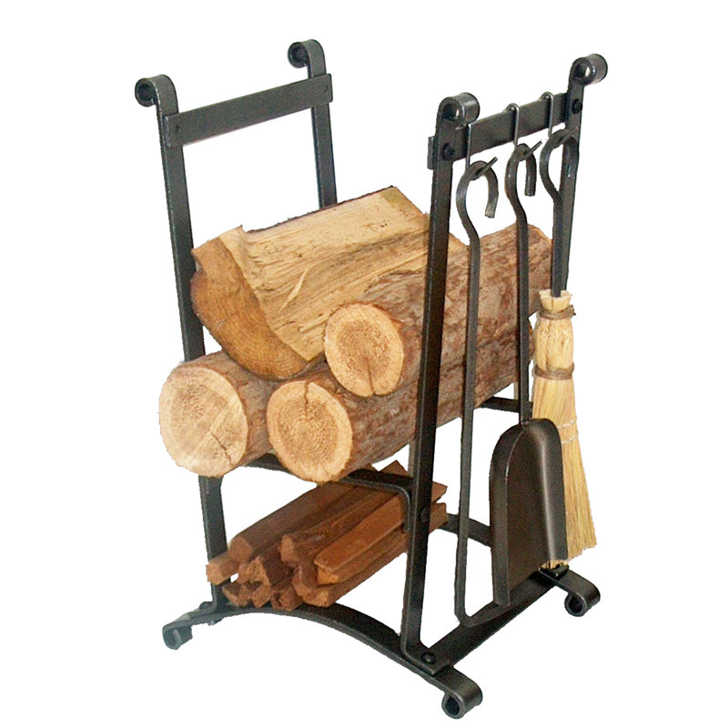 Handcrafted Compact Curved Fireplace Log Rack with Base & 3 Tools