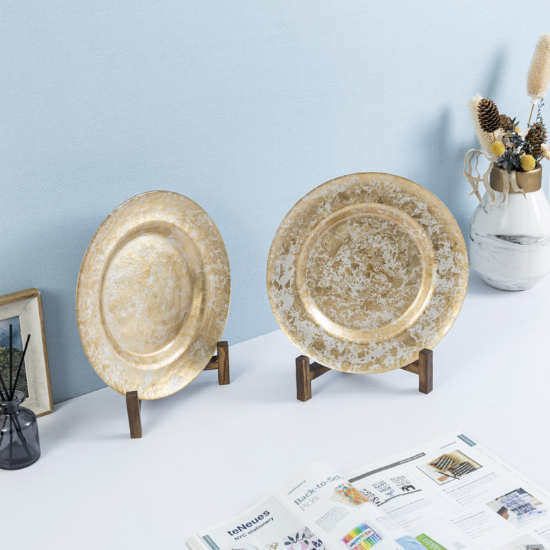 2 Piece Brown Wood Plate Display Stands