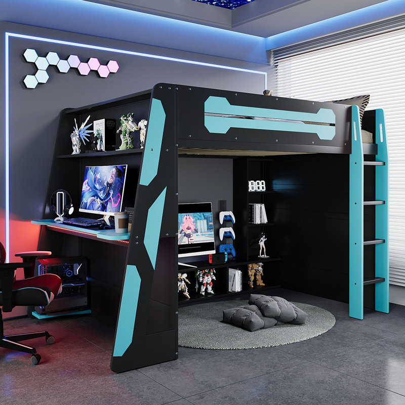 Lit mezzanine double en bois avec bureau, tablettes multiples et lumière RVB, bleu nuage, Bleu