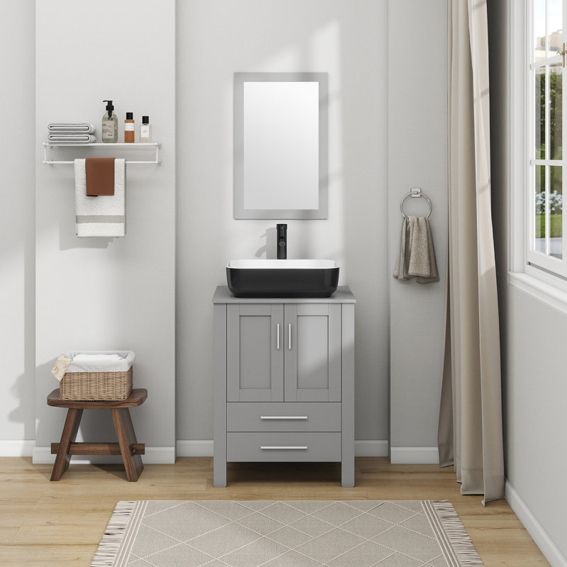 Ensemble de meuble-lavabo simple 24 "avec miroir, Gris, Noir / blanc
