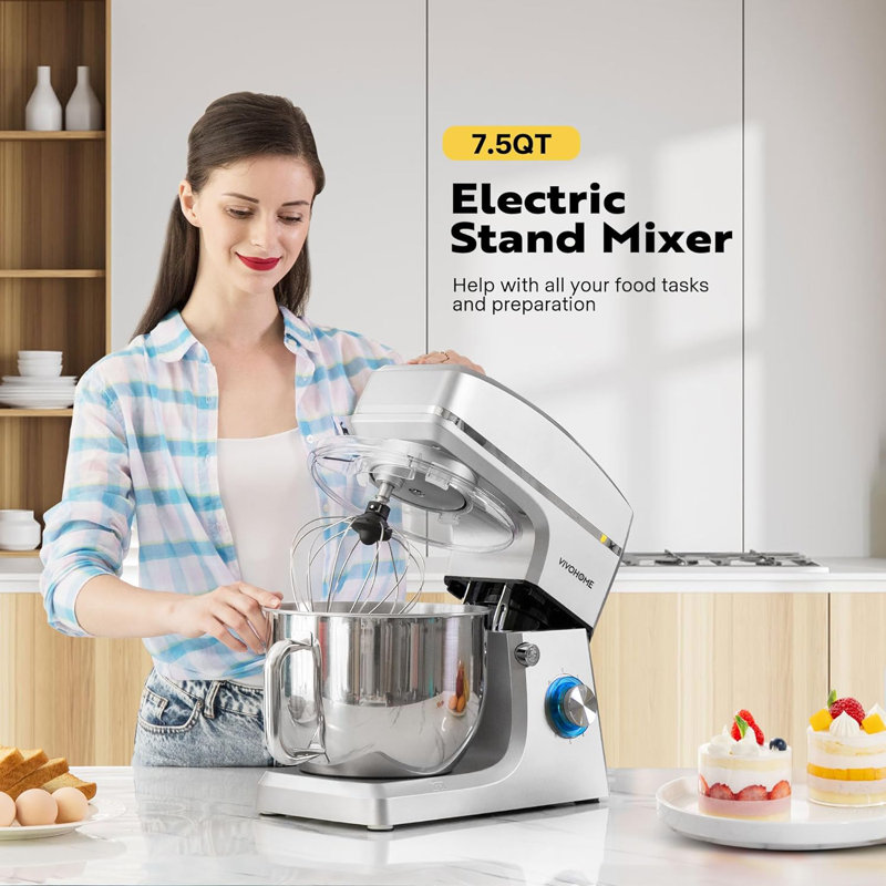 Vivohome 6 Speed 7.5 Qt. Stand Mixer with Mixer Accessory, Light Gray