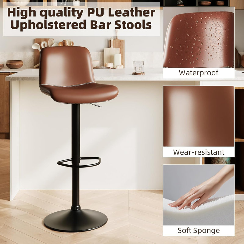 Brown Adjustable Swivel Leather Bar Stools with Metal Footrest (Set of 2)
