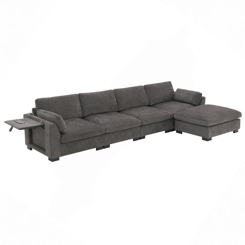 Modular Sectional Sofa, L-Shape With Folding Table And Dual-Port Charging, Side Storage Pockets, 2 Armrest Pillows, Free Movement Ottoman, High Density Foam, Chenille