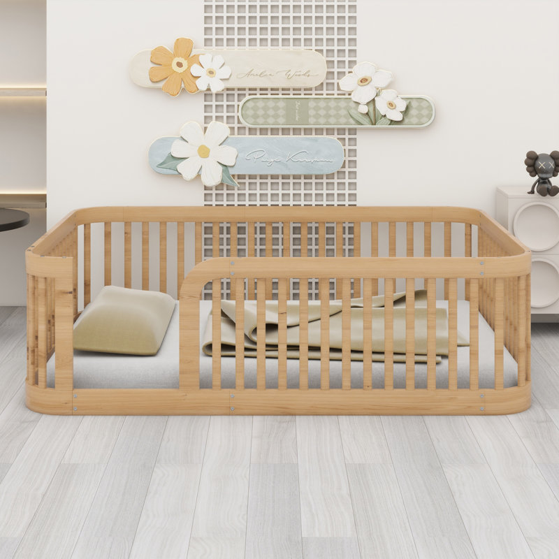 Structure de lit en bois avec clôture, Naturel