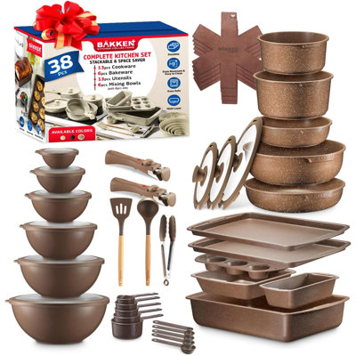 Bakken Master 38-Piece Granite Cookware & Bakeware Set – Nonstick Pots & Pans, Detachable Handles, Glass Lids, Mixing Bowls & Trays
