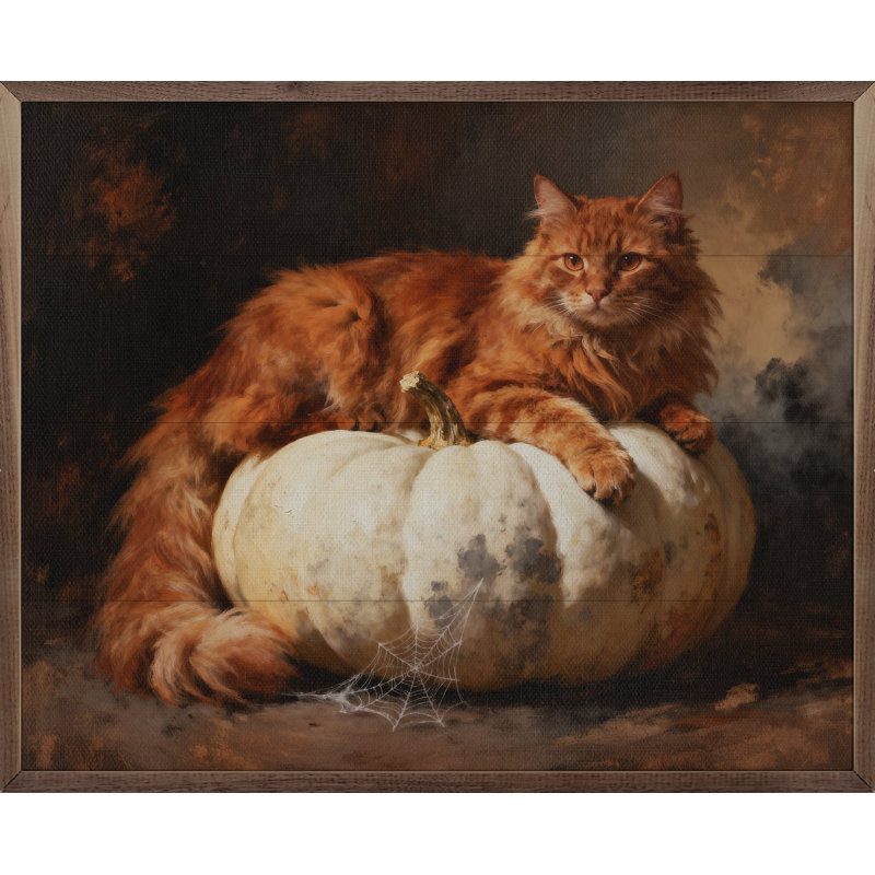 Chat orange sur citrouille, H 8 po x l 10 po