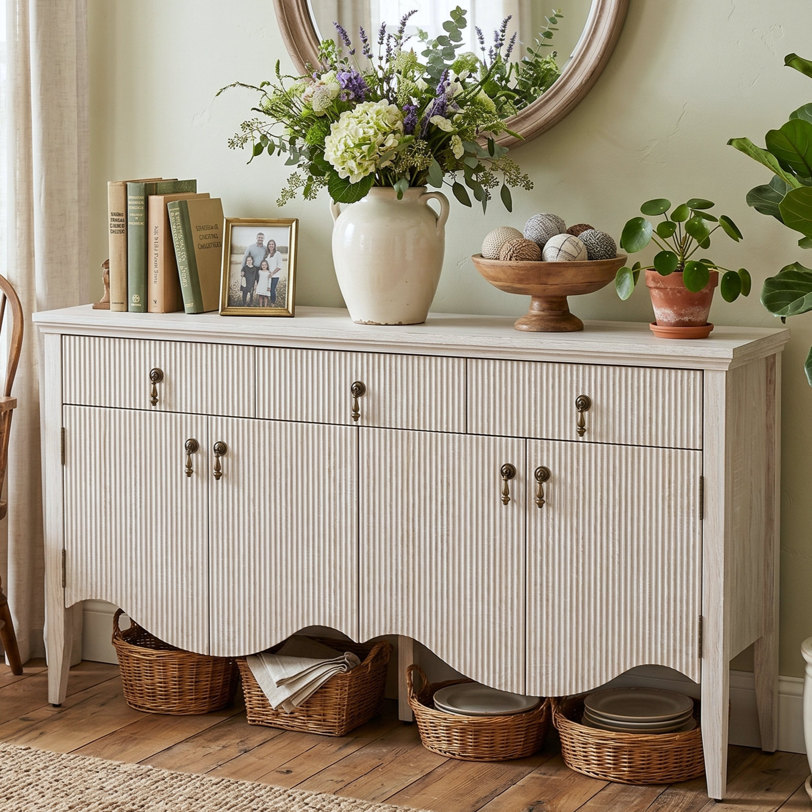 Latitude Run® Avenall 57-inch Sideboard Buffet Cabinet With 3 Drawers And 4 Doors, Vintage Fluted Sideboard With Scalloped Base, Vintage Storage Cabinet For Dining Room, Organic Modern Accent Cabinet, Walnut & Reviews | Wayfair