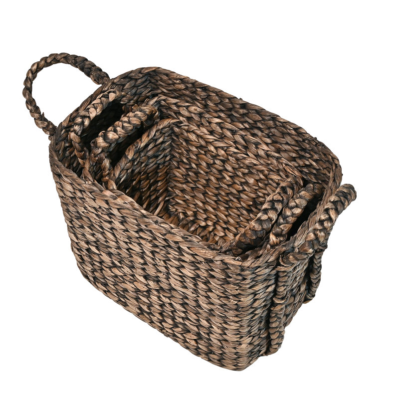 Burson Farmhouse Classic Handwoven Hyacinth Rectangle Storage Floor Baskets with Handles (Set of 3), Brown