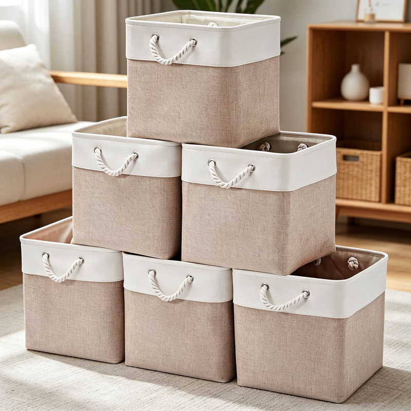 13 cubes de rangement 13 x 13 pouces, bacs de rangement pliables en tissu avec poignées, panier pliable pour organiser les vêtements, les jouets, les livres, blanc et beige
