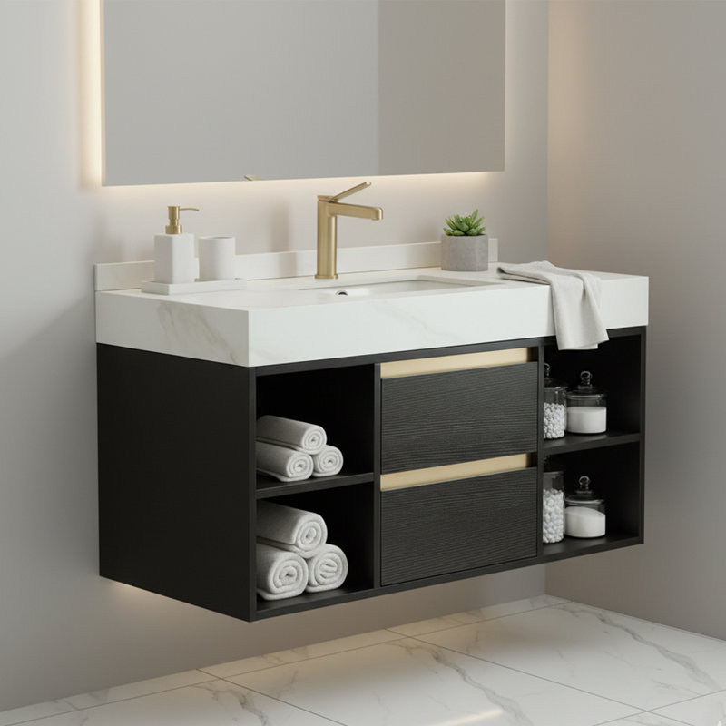40" Wall-Mounted Black Vanity Cabinet with Thick Faux Marble Top and Drain Assembly