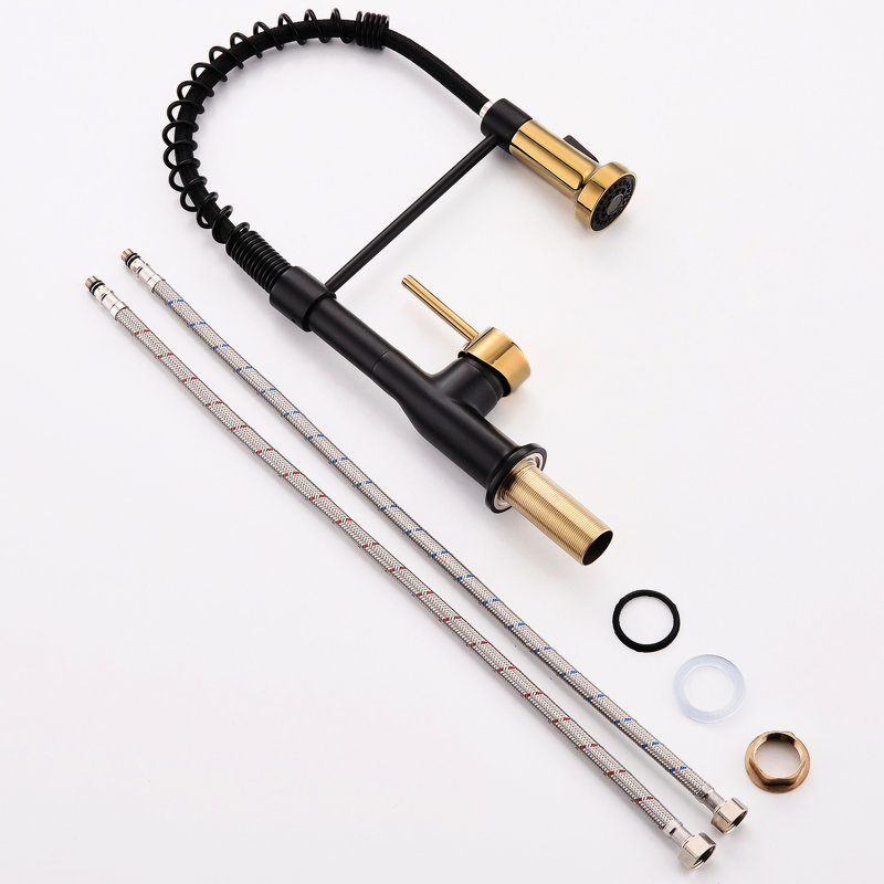 Robinet de cuisine noir et doré à la mode avec poignée rétractable, poignée simple, structure en acier inoxydable, options multifonctionnelles d'utilisation de l'eau présenté avec levier vers le bas chic, matériau, ajustement facile du débit