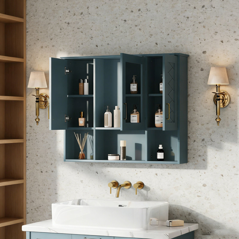 Armoire de salle de bain murale avec tablette réglable et espace de rangement ouvert, Bleu
