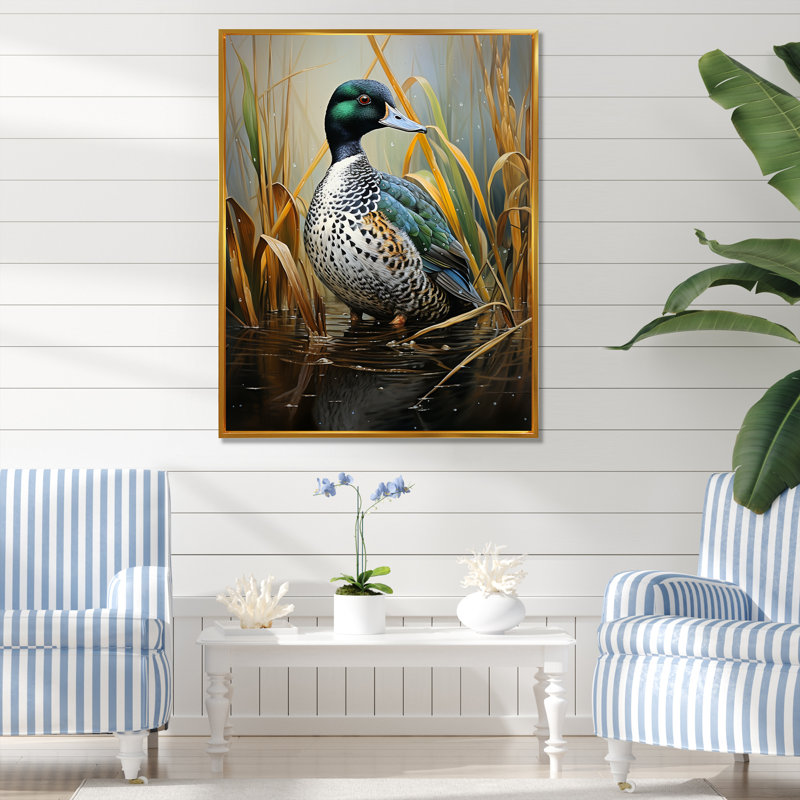 Canard Drake à l'étang I, Cadre flottant doré, H 40 po x l 30 po x P 1,5 po