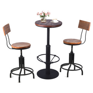 Vintage 3 Pieces Coffee Table Set Farmhouse Round Bar Table And Stools With Backrest Industrial Kitchen Dining Table With Chairs