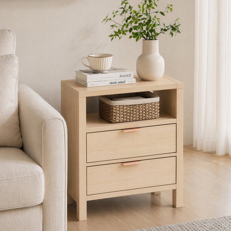 Table de chevet 2 tiroirs avec tablette Avelyn, Marron clair, H 26,38 po x l 20,87 po x P 17,32 po, 2