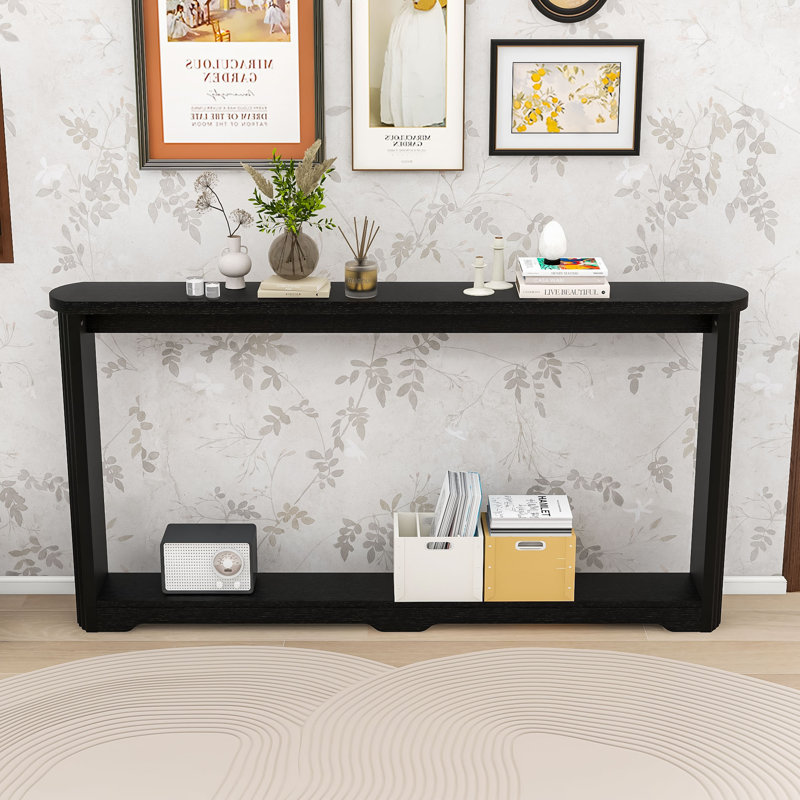 Modern Wooden Side Table with Wave Design – Narrow Hallway Table, Black