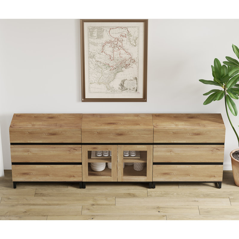 Buffet 3 en 1 avec portes en verre et 7 tiroirs, crédence moderne avec tablette réglable et base en métal, armoire à café pour le salon, la cuisine