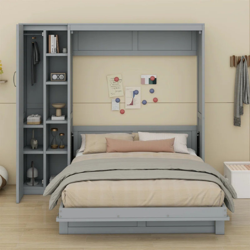 Lit escamotable avec tablettes, armoire et lumières DEL Gulshara, gris, Double