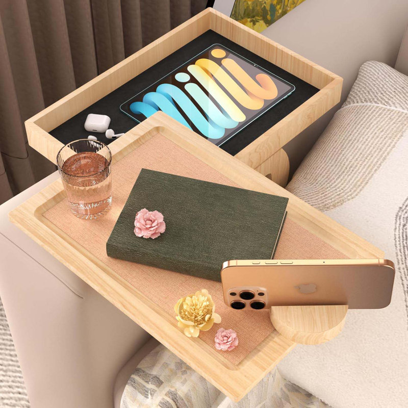 Bamboo Couch Arm Table With 360° Rotating Phone Holder & Hidden Storage Box,Non-Slip Sofa Arm Tray Fits Narrow And Sectional Sofa,Adjustable Armrest Tray Table For Couch