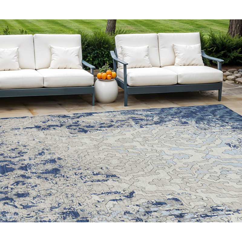 Tapis intérieur lavable 10 pi x 14 pi bleu marine beige et bleu ciel Medallion
