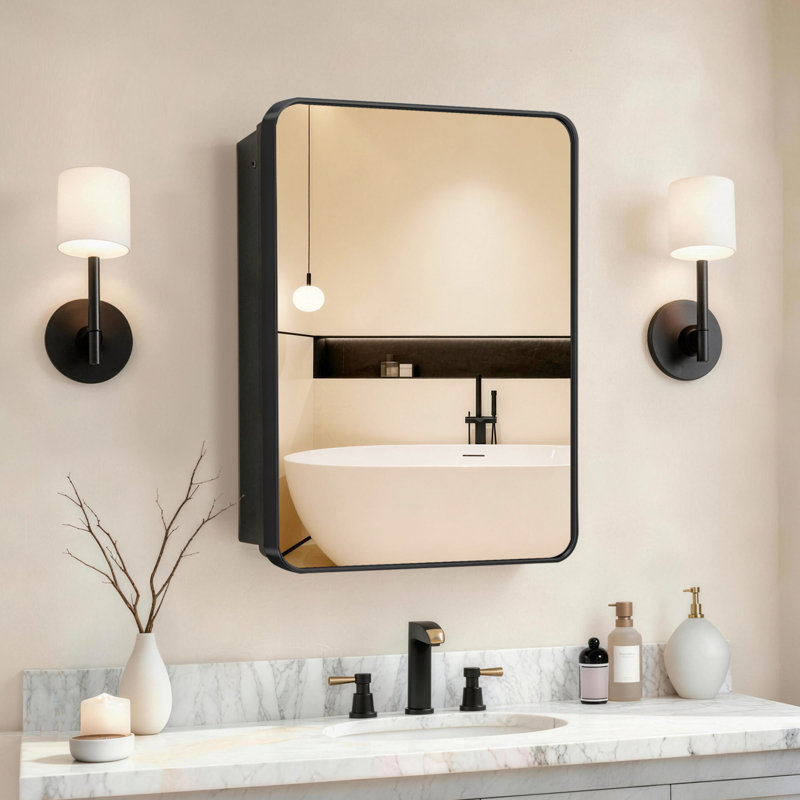Miroir encastré ou en saillie de 16 po x 20 po avec tablettes ajustables pour armoire à pharmacie, Noir mat