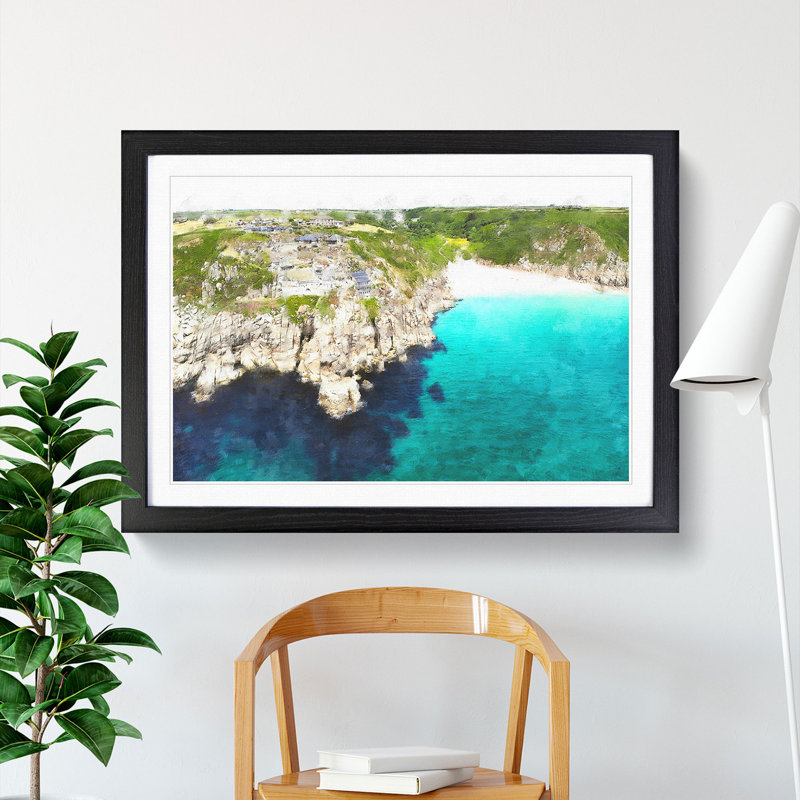Porthcurno Beach in Cornwall - Picture Frame Graphic Art, 48cm H x 65cm W x 2cm D, Black Framed