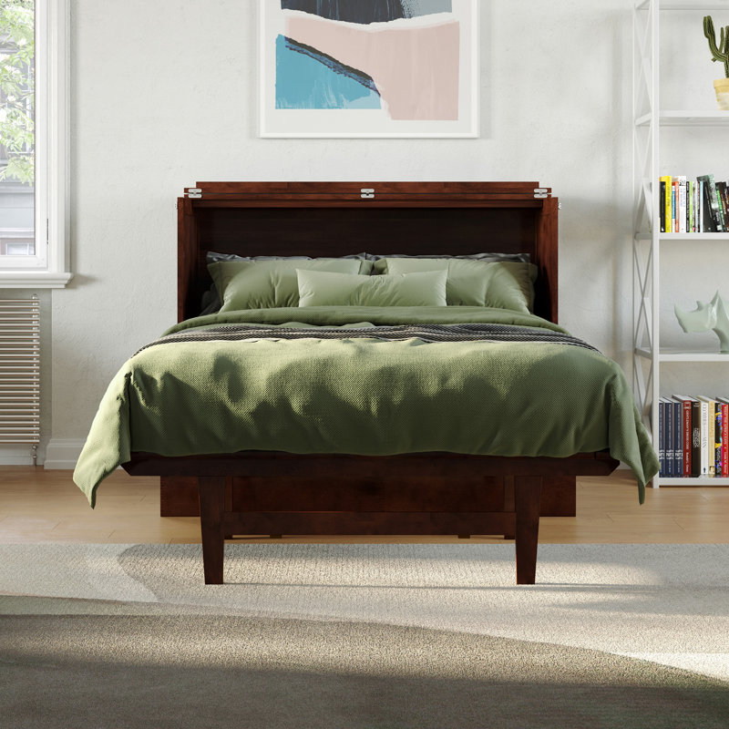 Anuhya Solid Wood Murphy Bed Desk with 6" Mattress and Built-in Charging Station, Walnut
