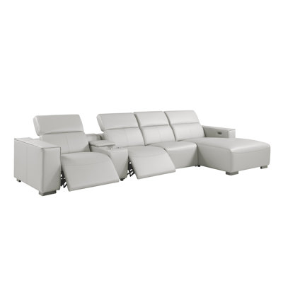 Right-Facing 5-Piece L-Shaped Sectional in Genuine Leather with 1 Power Recliner & Adjustable Headrests