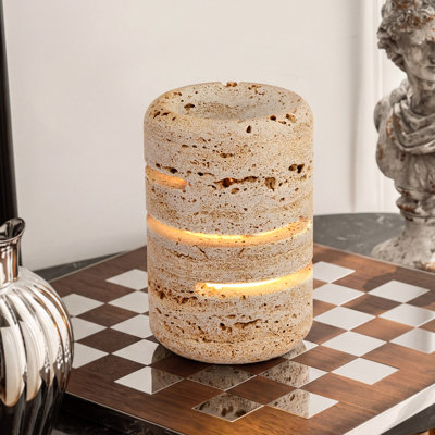 Natural Travertine Stone LED Table Lamp with Vibration Touch Control, 3-Level Dimmable Rechargeable Night Light, Cylindrical Bedside Accent Lamp with USB Charging Cable