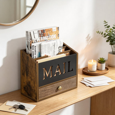 Mail Organizer Countertop with Three Compartments and Drawer, Desk Mail Holder and Sorter, Multifunctional Office Accessories for File Paper Folder, Rustic Wood and Metal Design
