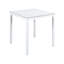 Ensemble table et chaises de salle à manger blanches, hauteur du comptoir, forme carrée avec broderie de cristal. Structure en bois massif. Quatre chaises blanches rembourrées.