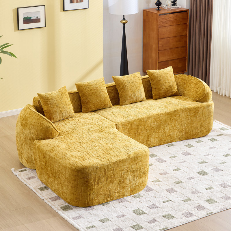 Canapé modulaire en L Chenille avec quatre coussins, Chenille jaune