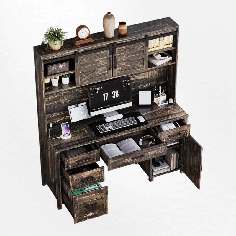 Bureau de direction Farmhouse avec huche, portes de grange coulissantes, armoire de rangement et 5 tiroirs, Gris