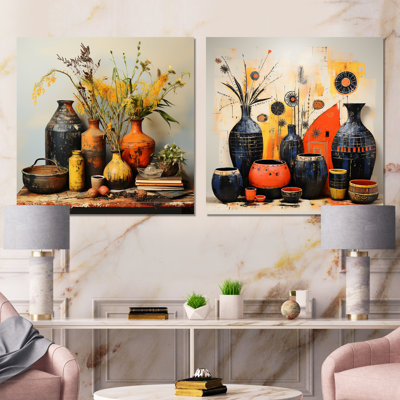 Yellow Boho Floral Pottery Elegance I - Boho Pottery Metal Prints Square Set Of 2