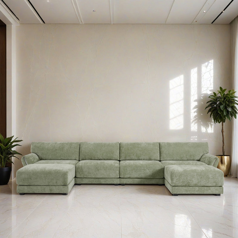 6 - Piece Modular Sleeper Sectional Sofa Bed Corner Sofa for Living Room, Green Chenille