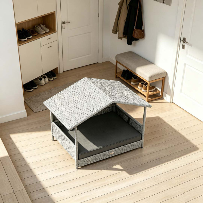 Niche pour chien en rotin avec coussin imperméable Pawhut Wicker, H 27,51 po x l 38,51 po x P 27,26 po, Gris pâle / gris