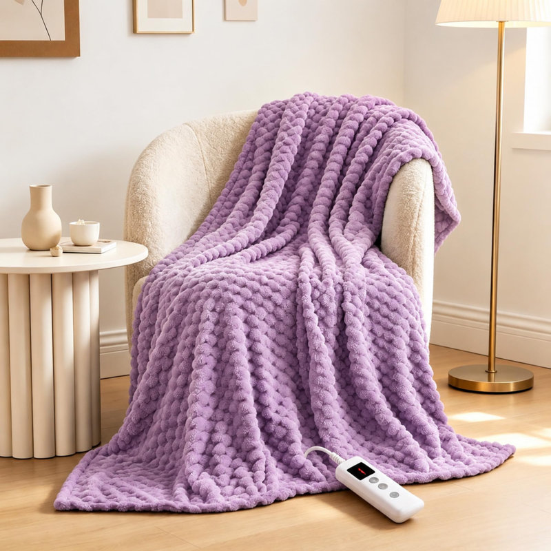 Jeté chauffant électrique Cozy, flanelle jacquard 3D et molleton Sherpa - 6 réglages de chaleur - Arrêt automatique 9H - Lavable à la machine, mauve, 50 x 60 po