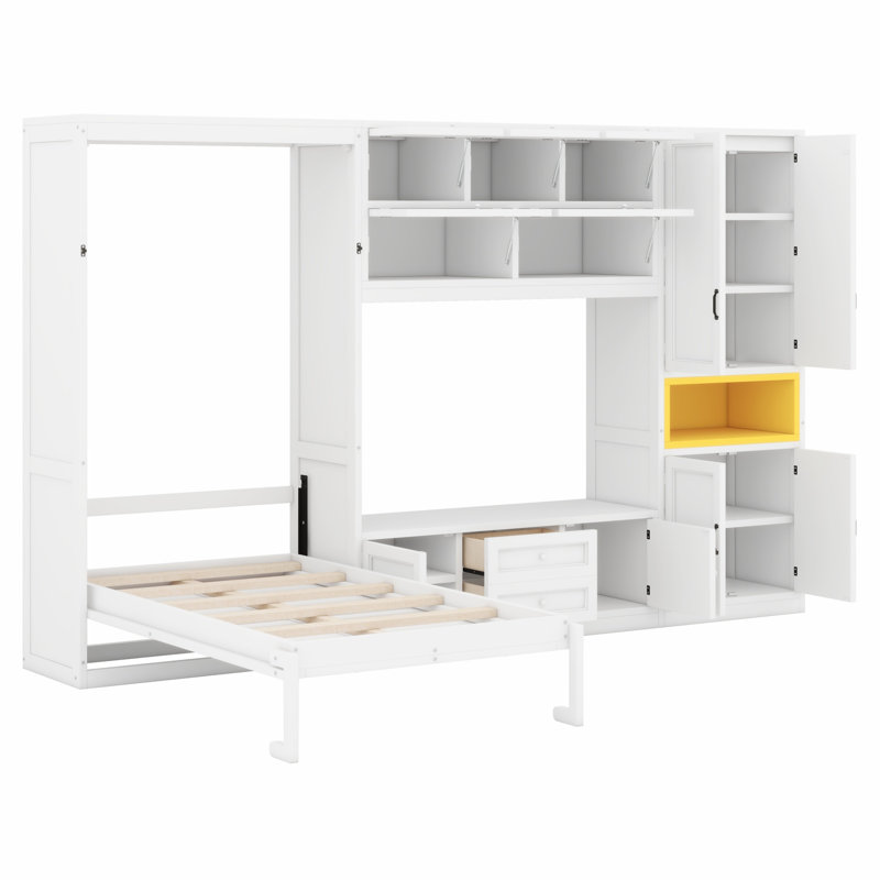 Lit escamotable moderne en bois avec armoires de rangement, tiroirs, tablettes et meuble télé, White