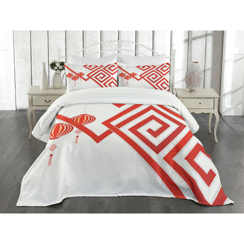 Ambesonne Oriental Bedspread Set Chinese Abstract Artwork White Red, King Bedspread + 2 Standard Shams